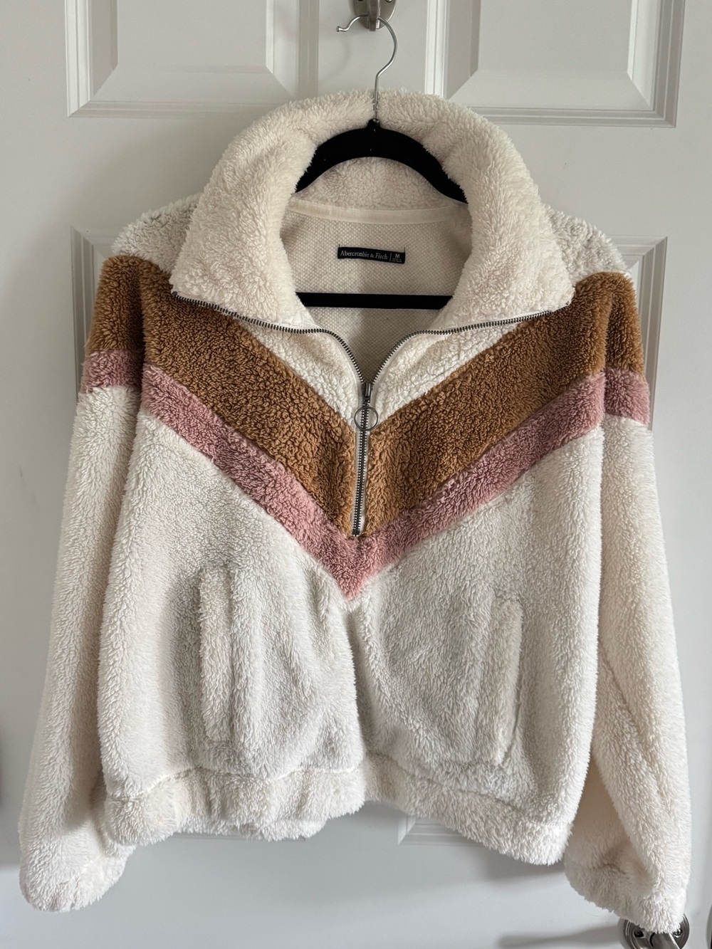 Abercrombie & Fitch Cream, Brown & Pink Sherpa Half-Zip Pullover